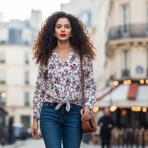 Ann Taylor Factory Floral Faux Wrap Blouse - Petite Large